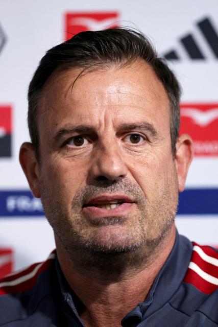 France's national rugby union team head coach François Ratier speaks during a press conference to announce the squad for the upcoming WXV Global Series 2026 rugby union match between France and New Zealand, in Marcoussis, south of Paris, on September 10, 2026. (Photo by Anne-Christine POUJOULAT / AFP)