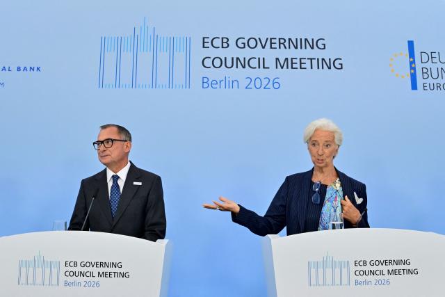 European Central Bank (ECB) President Christine Lagarde (R) and the German Central Bank's (Deutsche Bundesbank) President and member of the Governing Council of the European Central Bank (ECB) Joachim Nagel address a press conference after a meeting of the Governing Council of the European Central Bank (ECB) in Berlin on September 10, 2026. (Photo by John MACDOUGALL / AFP)
