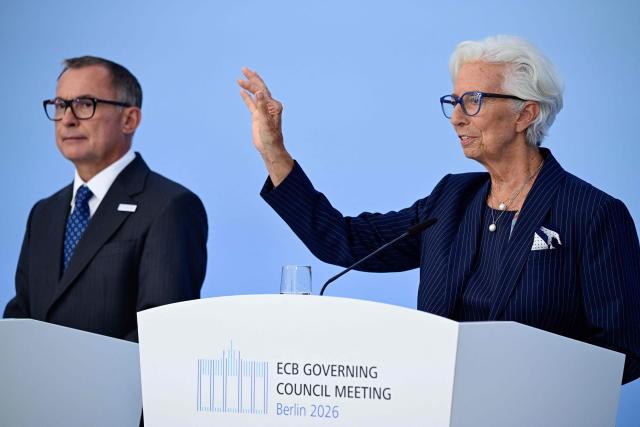European Central Bank (ECB) President Christine Lagarde (R) and the German Central Bank's (Deutsche Bundesbank) President and member of the Governing Council of the European Central Bank (ECB) Joachim Nagel address a press conference after a meeting of the Governing Council of the European Central Bank (ECB) in Berlin on September 10, 2026. The European Central Bank on September 10, 2026 lifted its growth projections for this year and next as the eurozone economy withstands the Iran war energy shock better than feared. (Photo by John MACDOUGALL / AFP)
