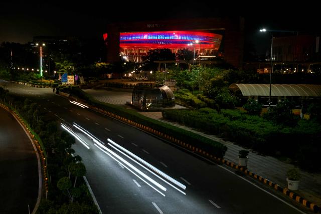 An illuminated view of Bharat Mandapam ahead of the upcoming BRICS Summit in New Delhi on September 10, 2026. (Photo by Sajjad HUSSAIN / AFP)