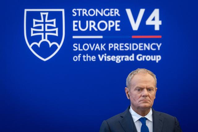 Poland's Prime Minister Donald Tusk attends a press conference after the V4 + Ireland Prime Ministers' meeting at Bratislava castle in Bratislava, Slovakia, on September 10, 2026. (Photo by TOMAS BENEDIKOVIC / AFP)