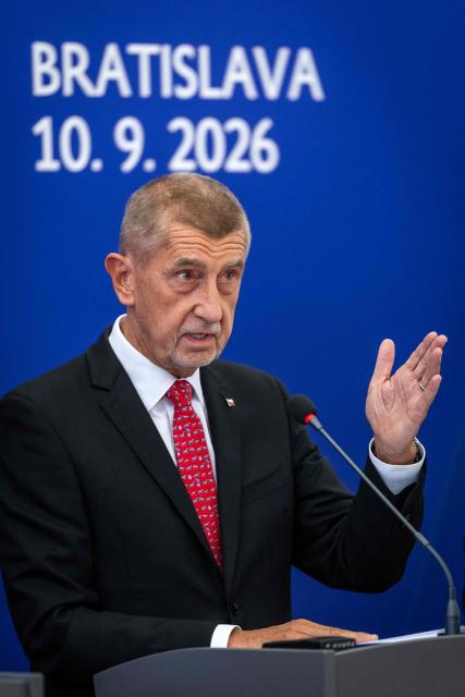 Czech Prime Minister Andrej Babis speaks during a press conference after the V4 + Ireland Prime Ministers' meeting at Bratislava castle in Bratislava, Slovakia, on September 10, 2026. (Photo by TOMAS BENEDIKOVIC / AFP)