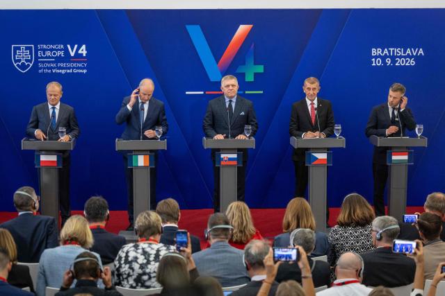 Prime Ministers (L-R) Donald Tusk from Poland, Micheál Martin from Ireland, Robert Fico from Slovakia, Andrej Babis from the Czech Republic and Peter Magyar from Hungary give a press conference after the V4 + Ireland Prime Ministers' meeting at Bratislava castle in Bratislava, Slovakia, on September 10, 2026. (Photo by TOMAS BENEDIKOVIC / AFP)