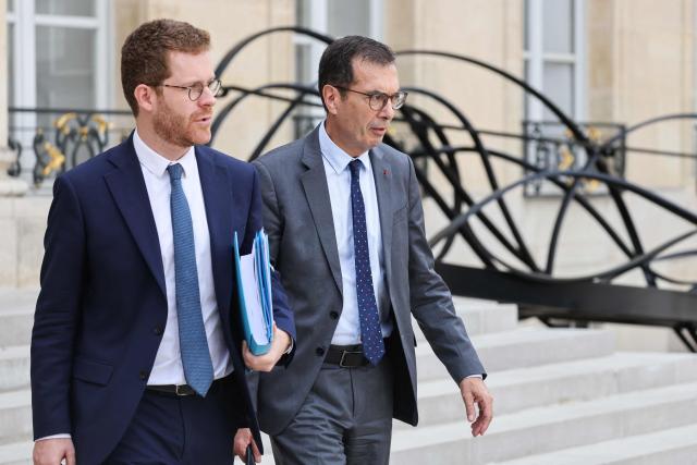 France’s junior Minister for Public Accounts David Amiel (L) and France's Labour Minister Jean-Pierre Farandou leave after the weekly cabinet meeting at the Elysee Palace in Paris on September 10, 2026. (Photo by Ludovic MARIN / AFP)