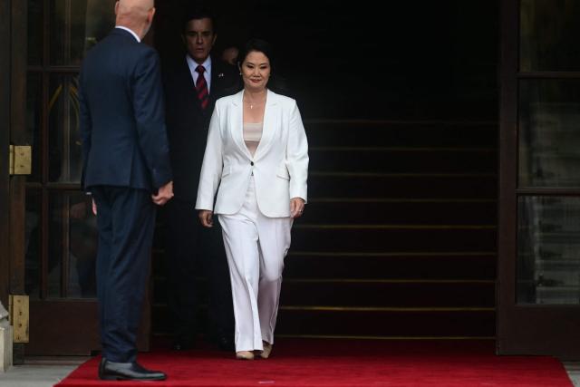 Peruvian President Keiko Fujimori waits for US Secretary of State Marco Rubio to arrive at the Government Palace in Lima, on September 10, 2026.  (Photo by ERNESTO BENAVIDES / AFP)