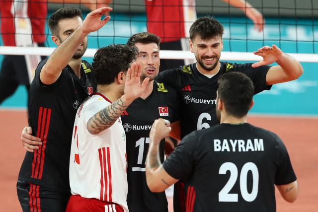 Turkey players celebrate during the EuroVolley 2026 volleyball Pool D match Turkey vs Germany in Cluj Napoca, Romania, September 10, 2026. (Photo by Simion Sebastian Tataru / AFP)
