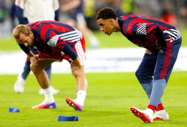 Bayern Munich's German midfielder #10 Jamal Musiala(R) and Bayern Munich's English forward #09 Harry Kane warm up ahead of the UEFA Champions League football match between FC Bayern Munich and Bodo/Glimt at the Allianz Arena Stadium in Munich on September 10, 2026. (Photo by Michaela STACHE / AFP)
