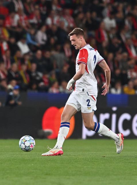 Slavia Prague's Czech defender #02 Stepan Chaloupek plays the ball during the UEFA Champions League football match between Slavia Prague and Lens in Prague, on September 10, 2026. (Photo by Michal Cizek / AFP)