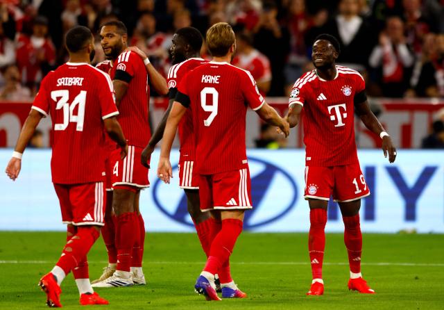Bayern Munich's Canadian defender #19 Alphonso Davies (R)celebrates scoring his team's third goal during the UEFA Champions League football match between FC Bayern Munich and Bodo/Glimt at the Allianz Arena Stadium in Munich on September 10, 2026. (Photo by Michaela STACHE / AFP)