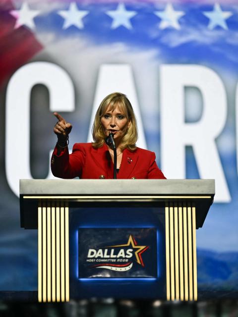 Laurie Buckhout, candidate for US House of Representatives in North Carolina's 1st district, speaks during the second day of the Republican National Committee midterm convention at the American Airlines Center in Dallas, Texas on September 10, 2026. US Republicans are betting that putting President Donald Trump at the center of their campaign can rescue a party facing grim election forecasts, despite the president's negative approval ratings. A day earlier, on the first day of the midterm convention, he promised $5,000 to every American adult if Republicans retain control of Congress in November. (Photo by Kent NISHIMURA / AFP)