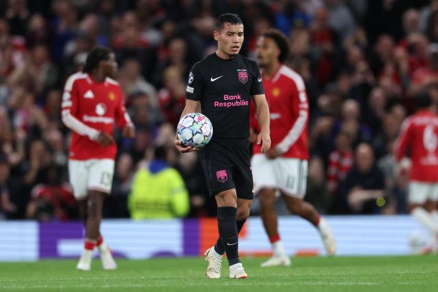 Sabah FK's Uzbek midfielder #07 Umarali Rakhmonaliev reacts during the UEFA Champions League football match between Manchester United and Sabah FK at Old Trafford in Manchester, north west England, on September 10, 2026. (Photo by Darren Staples / AFP)
