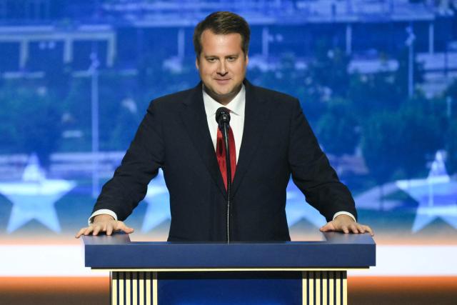 Derek Merrin, candidate for US House of Representatives in Ohio's 9th district, speaks during the second day of the Republican National Committee midterm convention at the American Airlines Center in Dallas, Texas on September 10, 2026. US Republicans are betting that putting President Donald Trump at the center of their campaign can rescue a party facing grim election forecasts, despite the president's negative approval ratings. A day earlier, on the first day of the midterm convention, he promised $5,000 to every American adult if Republicans retain control of Congress in November. (Photo by Patrick T. Fallon / AFP)