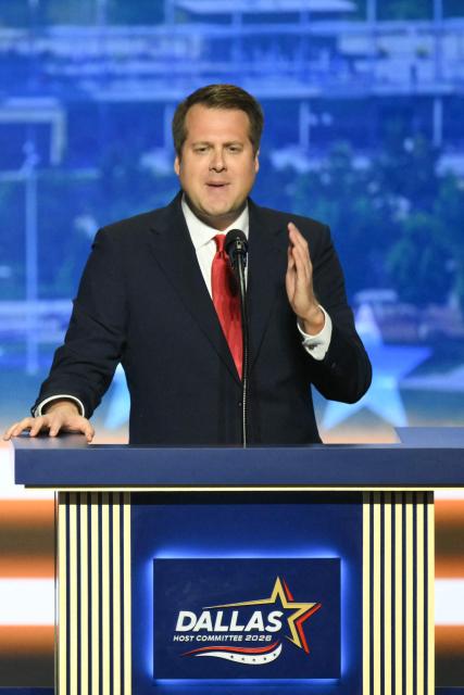 Derek Merrin, candidate for US House of Representatives in Ohio's 9th district, speaks during the second day of the Republican National Committee midterm convention at the American Airlines Center in Dallas, Texas on September 10, 2026. US Republicans are betting that putting President Donald Trump at the center of their campaign can rescue a party facing grim election forecasts, despite the president's negative approval ratings. A day earlier, on the first day of the midterm convention, he promised $5,000 to every American adult if Republicans retain control of Congress in November. (Photo by Patrick T. Fallon / AFP)