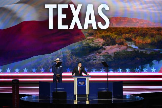 Republican Candidates for US House of Representatives in Texas Tano Tijerina (R) and Eric Flores (R) participate in the second day of the Republican National Committee midterm convention at the American Airlines Center in Dallas, Texas on September 10, 2026. US Republicans are betting that putting President Donald Trump at the center of their campaign can rescue a party facing grim election forecasts, despite the president's negative approval ratings. A day earlier, on the first day of the midterm convention, he promised $5,000 to every American adult if Republicans retain control of Congress in November. (Photo by Patrick T. Fallon / AFP)