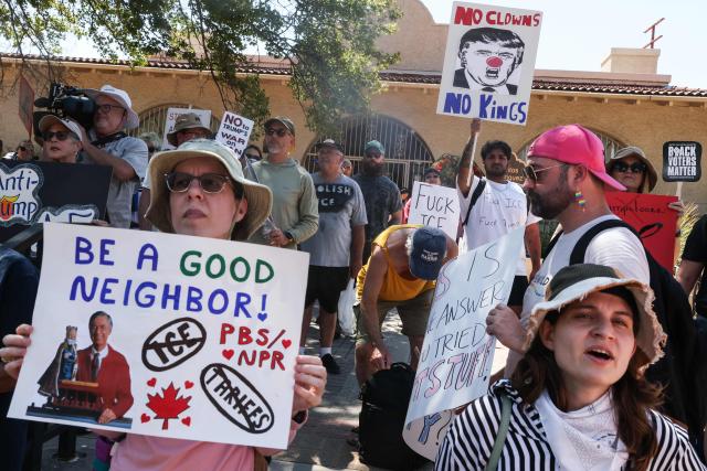 Anti-Trump protestors gather before marching toward the American Airlines Center on the second day of the Republican National Committee midterm convention in Dallas, Texas on September 10, 2026. US Republicans are betting that putting President Donald Trump at the center of their campaign can rescue a party facing grim election forecasts, despite the president's negative approval ratings. A day earlier, on the first day of the midterm convention, he promised $5,000 to every American adult if Republicans retain control of Congress in November. (Photo by Blake Fagan / AFP)