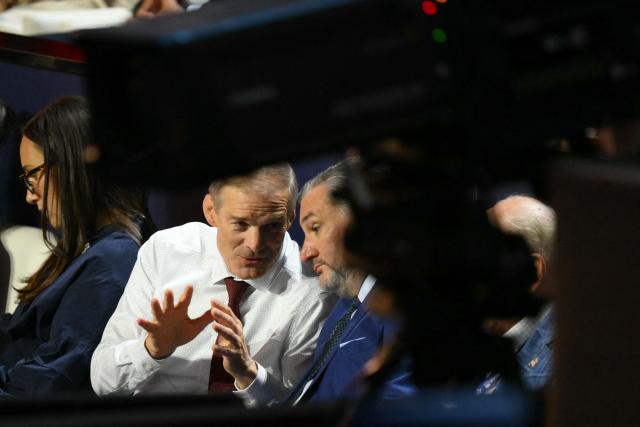 US Representative Jim Jordan, Republican of Ohio, speaks with US Senator Ted Cruz, Republican of Texas, during the second day of the Republican National Committee midterm convention at the American Airlines Center in Dallas, Texas, on September 10, 2026. US Republicans are betting that putting President Donald Trump at the center of their campaign can rescue a party facing grim election forecasts, despite the president's negative approval ratings. A day earlier, on the first day of the midterm convention, he promised $5,000 to every American adult if Republicans retain control of Congress in November. (Photo by Patrick T. Fallon / AFP)