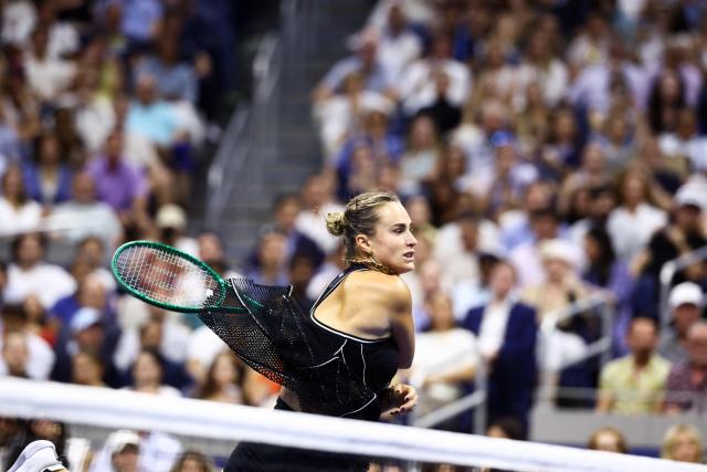 Belarus's Aryna Sabalenka hits a return against USA's Jessica Pegula during the women's singles semi-final tennis match on day twelve of the US Open tennis tournament at the USTA Billie Jean King National Tennis Center in New York City on September 10, 2026. (Photo by CHARLY TRIBALLEAU / AFP)