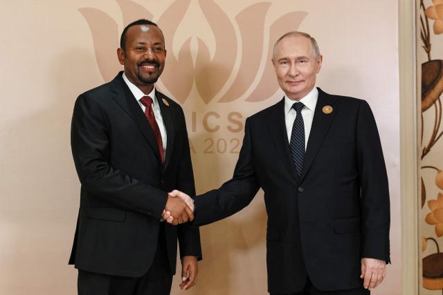 In this pool photograph distributed by the Russian state agency Sputnik, Russia's President Vladimir Putin (R) and Ethiopia's Prime Minister Abiy Ahmed shake hands during a bilateral meeting on the sidelines of the 18th BRICS Summit in New Delhi on September 12, 2026. (Photo by Vladimir SMIRNOV / POOL / AFP)