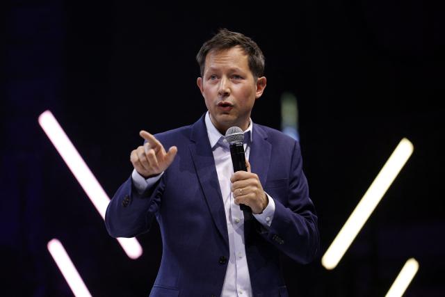 Executive Vice President of Les Republicains (LR) Francois-Xavier Bellamy speaks during a campaign meeting of the LR president and candidate for France's 2027 presidential election, in Nogent-sur-Marne, east of Paris, on September 12, 2026. (Photo by Ian LANGSDON / AFP)