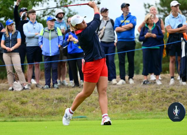 US teams golfer Lauren Coughlin tees off during play in her fourball match against Team Europe players on the second day of the 2026 Solheim Cup biennial team golf competition on The Bernardus Golf Course at Cromvoirt, some 80kms south-east of Rotterdam on September 12, 2026. (Photo by NICOLAS TUCAT / AFP)
