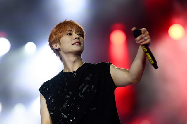 South Korean K-pop group Stray Kids member Lee Know performs during the last week of the Rock in Rio music festival at the Rio 2016 Olympic Park in Rio de Janeiro, Brazil, on September 12, 2026. (Photo by MAURO PIMENTEL / AFP)