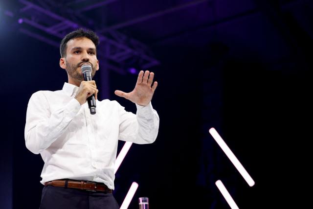 President of Les Jeunes Republicains (LR) Theo Am'Saadi delivers a speech during a campaign meeting of the Les Republicains (LR) president and candidate for France's 2027 presidential election, in Nogent-sur-Marne, east of Paris, on September 12, 2026. (Photo by Ian LANGSDON / AFP)