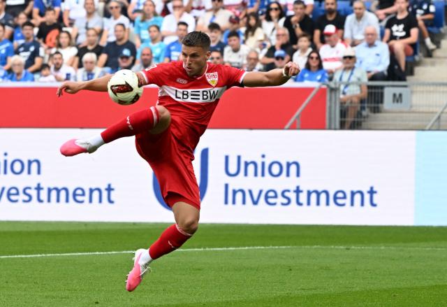 Stuttgart's Bosnian forward #09 Ermedin Demirovic attempts to score during the German first division Bundesliga football match between Hoffenheim and VfB Stuttgart in Sinsheim on September 12, 2026. (Photo by THOMAS KIENZLE / AFP) / DFL REGULATIONS PROHIBIT ANY USE OF PHOTOGRAPHS AS IMAGE SEQUENCES AND/OR QUASI-VIDEO