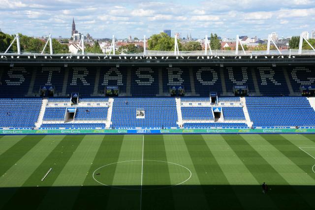 This photograph shows a general view prior to the French L1 football match between RC Strasbourg Alsace and AS Monaco at the Stade de la Meinau in Strasbourg, eastern France, on September 12, 2026. (Photo by SEBASTIEN BOZON / AFP)