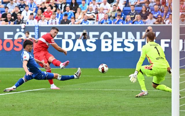 Stuttgart's Bosnian forward #09 Ermedin Demirovic attempts to score during the German first division Bundesliga football match between Hoffenheim and VfB Stuttgart in Sinsheim on September 12, 2026. (Photo by THOMAS KIENZLE / AFP) / DFL REGULATIONS PROHIBIT ANY USE OF PHOTOGRAPHS AS IMAGE SEQUENCES AND/OR QUASI-VIDEO
