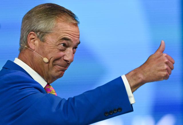 (FILES) Reform UK leader Nigel Farage makes a thumbs-up gesture on the second day of the annual Reform UK party conference at the NEC in Birmingham, central England on September 4, 2026. A second cryptocurrency billionaire revealed on September 12, 2026 he had matched a 36 million pound (49 million USD) donation -- the largest gift in UK political history -- given to Nigel Farage's hard-right Reform party the previous day. (Photo by Oli SCARFF / AFP)