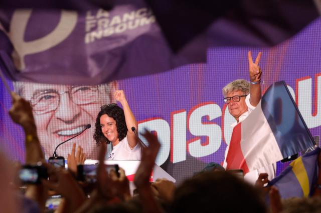 France's left-wing party La France Insoumise (LFI) member of European Parliament Manon Aubry and La France Insoumise - Nouveau Front Populaire's MP Eric Coquerel arrive for a party leader speech during the annual "Fete de l'Humanite" festival organised by French left wing newspaper L'Humanite, in Le Plessis-Pate, south of Paris, on September 12, 2026. (Photo by GEOFFROY VAN DER HASSELT / AFP)