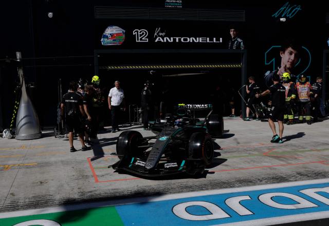 Team Mercedes' Kimi Antonelli drives after a pit stop during the qualifying session at the Madring circuit on September 12, 2026 in Madrid, ahead of the Spanish Formula One Grand Prix. (Photo by VIOLETA SANTOS MOURA / POOL / AFP)