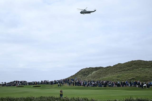 Marine One carrying US President Donald Trump prepares to land at the resort and golf course owned by the president in Doonbeg, western Ireland on September 12, 2026, as he visits to attend the Irish Open golf tournament. Trump arrived in Ireland on September 12 for a two-day visit, stopping for a few hours in Dublin before heading west to his Trump International Golf Links to attend the Irish Open. (Photo by Brendan SMIALOWSKI / AFP)
