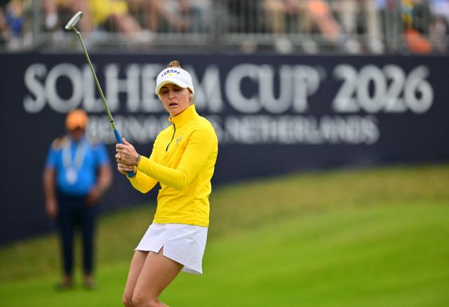 Team Europe’s English golfer Charley Hull reacts after missing a putt during play in their fourball match against US Team players on the second day of the 2026 Solheim Cup biennial team golf competition on The Bernardus Golf Course at Cromvoirt, some 80kms south-east of Rotterdam on September 12, 2026. (Photo by NICOLAS TUCAT / AFP)