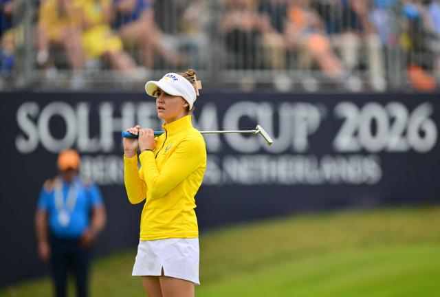 Team Europe’s English golfer Charley Hull reacts after missing a putt during play in their fourball match against US Team players on the second day of the 2026 Solheim Cup biennial team golf competition on The Bernardus Golf Course at Cromvoirt, some 80kms south-east of Rotterdam on September 12, 2026. (Photo by NICOLAS TUCAT / AFP)