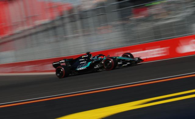 Mercedes' British driver George Russell competes in the qualifying session at the Madring circuit on September 12, 2026 in Madrid, ahead of the Spanish Formula One Grand Prix. (Photo by Pierre-Philippe MARCOU / AFP)
