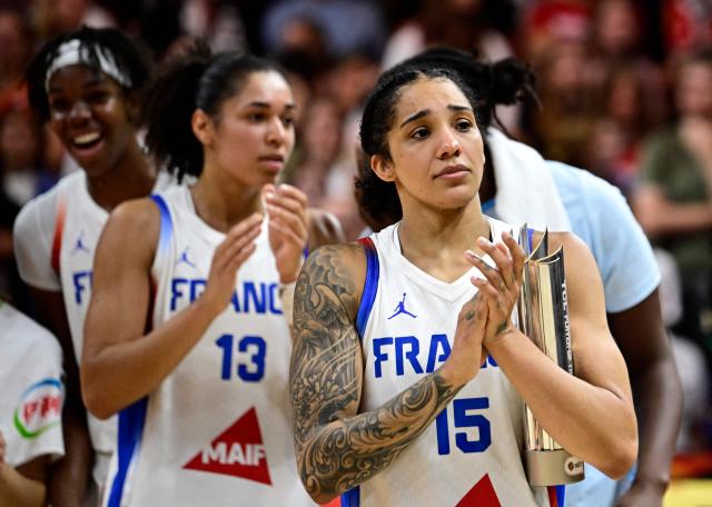France's forward #15 Gabby Williams reacts at the end of the 2026 FIBA Women's Basketball World Cup semi-final match between France and Germany in Berlin on September 12, 2026. (Photo by Tobias SCHWARZ / AFP)