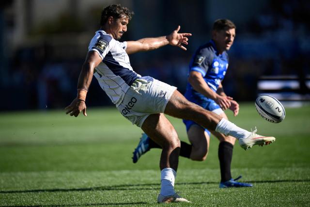 Montpellier's French wing Dimitri Delibes clears the ball during the French Top14 rugby union match between Rugby Club Vannetais (RCV, Vannes) and Montpellier Herault Rugby (MHR) at the Rabine Stadium in Vannes, western France, on September 12, 2026.  (Photo by Loic VENANCE / AFP)