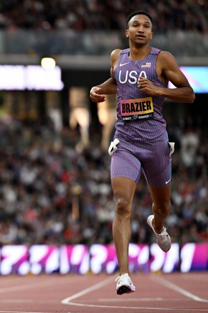 US' Donavan Brazier reacts after the men's 800m semi-final heat 2 during the World Athletics Ultimate Championship at the Gyula Zsivotzky National Athletics Centre, in Budapest on September 12, 2026. (Photo by Jewel SAMAD / AFP)