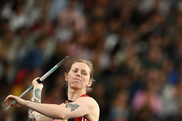 Norway's Sigrid Borge competes in the women's javelin throw final during the World Athletics Ultimate Championship at the Gyula Zsivotzky National Athletics Centre, in Budapest on September 12, 2026. (Photo by Ben STANSALL / AFP)