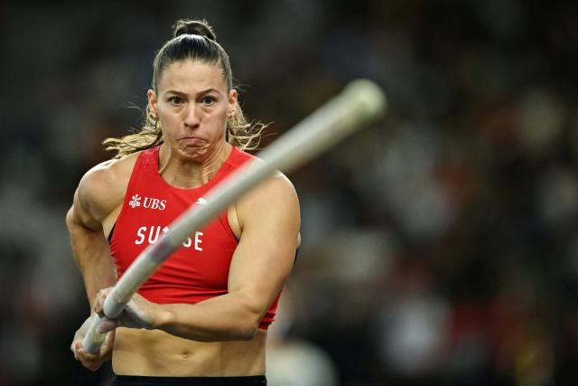 Switzerland's Angelica Moser competes in the women's pole vault final during the World Athletics Ultimate Championship at the Gyula Zsivotzky National Athletics Centre, in Budapest on September 12, 2026. (Photo by Ben STANSALL / AFP)