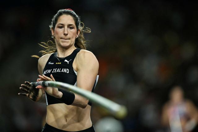 New Zealand's Eliza McCartney competes in the women's pole vault final during the World Athletics Ultimate Championship at the Gyula Zsivotzky National Athletics Centre, in Budapest on September 12, 2026. (Photo by Ben STANSALL / AFP)