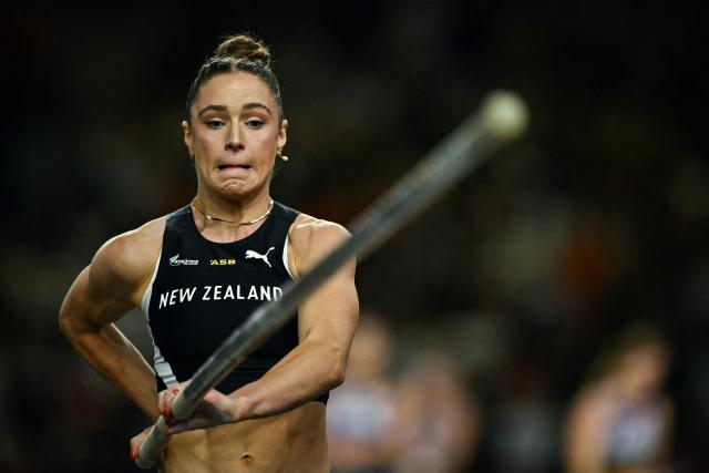 New Zealand's Imogen Ayris competes in the women's pole vault final during the World Athletics Ultimate Championship at the Gyula Zsivotzky National Athletics Centre, in Budapest on September 12, 2026. (Photo by Ben STANSALL / AFP)
