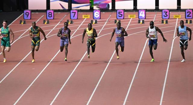 (From L) Australia's Lachlan Kennedy, South Africa's athlete Gift Leotlela, US' athlete Trayvon Bromell, Jamaica's Oblique Seville, US' Christian Coleman, Britain's Romell Glave and Botswana's Letsile Tebogo competes in the men's 100m semi-final during the World Athletics Ultimate Championship at the Gyula Zsivotzky National Athletics Centre, in Budapest on September 12, 2026. (Photo by Attila KISBENEDEK / AFP)