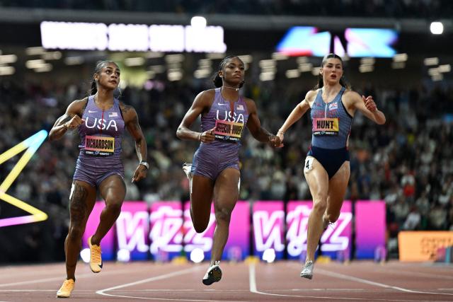 (From L) US' Sha'carri Richardson, US' Melissa Jefferson and Britain's Amy Hunt compete in the women's 100m semi-final during the World Athletics Ultimate Championship at the Gyula Zsivotzky National Athletics Centre, in Budapest on September 12, 2026. (Photo by Jewel SAMAD / AFP)