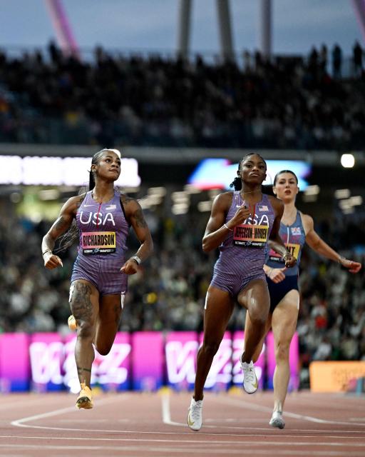 (From L) US' Sha'carri Richardson, US' Melissa Jefferson and Britain's Amy Hunt compete in the women's 100m semi-final during the World Athletics Ultimate Championship at the Gyula Zsivotzky National Athletics Centre, in Budapest on September 12, 2026. (Photo by Jewel SAMAD / AFP)