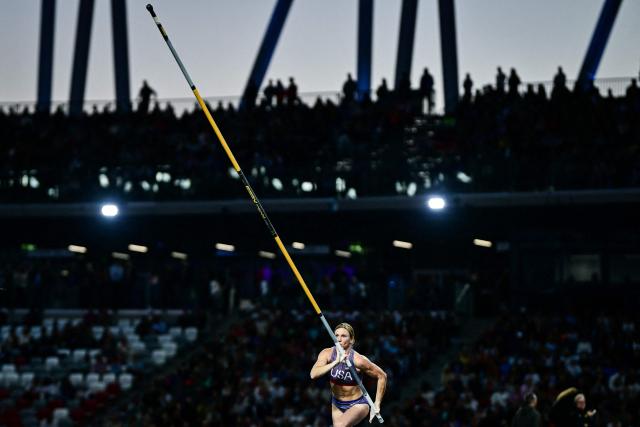 US' Emily Grove competes in the women's pole vault final during the World Athletics Ultimate Championship at the Gyula Zsivotzky National Athletics Centre, in Budapest on September 12, 2026. (Photo by Ben STANSALL / AFP)