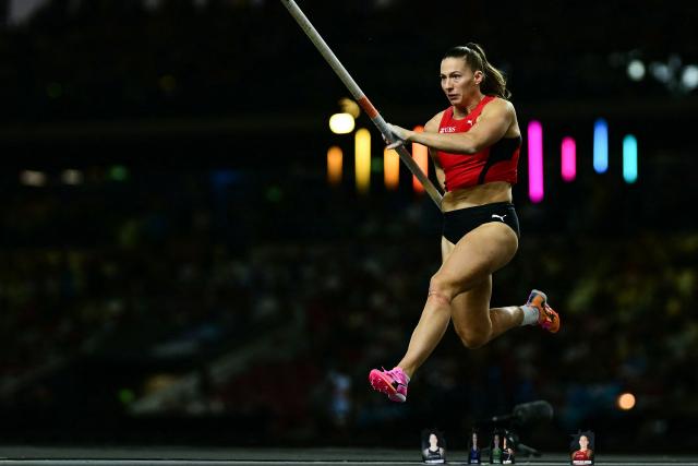 Switzerland's Angelica Moser competes in the women's pole vault final during the World Athletics Ultimate Championship at the Gyula Zsivotzky National Athletics Centre, in Budapest on September 12, 2026. (Photo by Ben STANSALL / AFP)