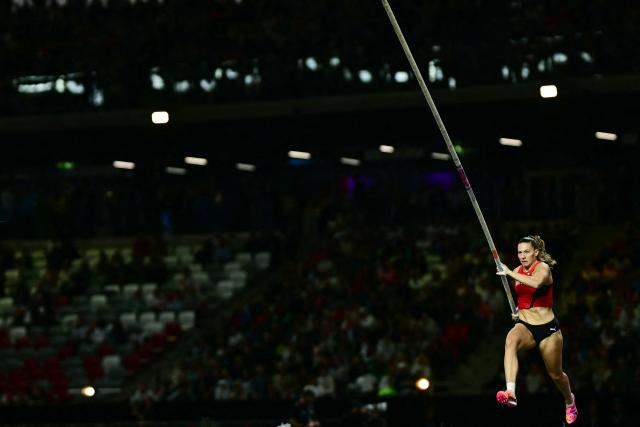Switzerland's Angelica Moser competes in the women's pole vault final during the World Athletics Ultimate Championship at the Gyula Zsivotzky National Athletics Centre, in Budapest on September 12, 2026. (Photo by Ben STANSALL / AFP)