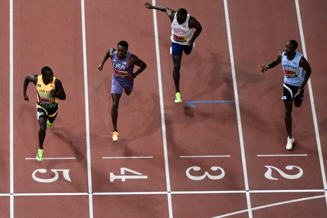 (L-R) Jamaica's Oblique Seville, US' Christian Coleman, Britain's Romell Glave, Botswana's Letsile Tebogo compete in the men's 100m semi-final during the World Athletics Ultimate Championship at the Gyula Zsivotzky National Athletics Centre, in Budapest on September 12, 2026. (Photo by Jewel SAMAD / AFP)